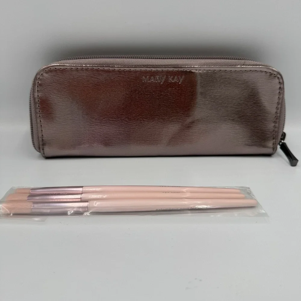 Mary Kay Eyeshadow Brush Set Rose Gold‎ 3 Brushes Pink Zip Bag New